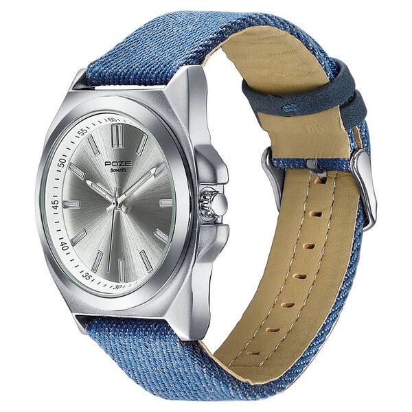 Sonata Poze Quartz Analog Silver Dial Blue Denim Leather Strap Watch For Men - image number 4