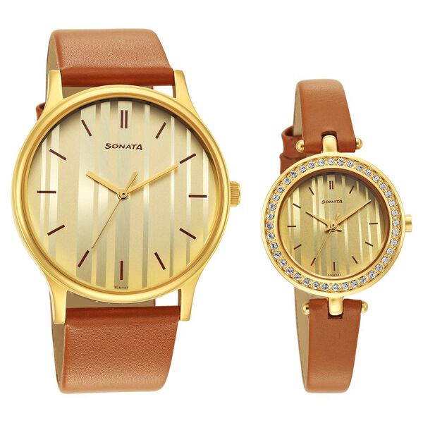 Sonata Quartz Analog Champagne Dial Leather Strap Watch for Couple - image number 0