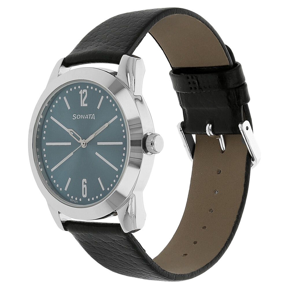 Sonata Quartz Analog Blue Dial Leather Strap Watch for Men