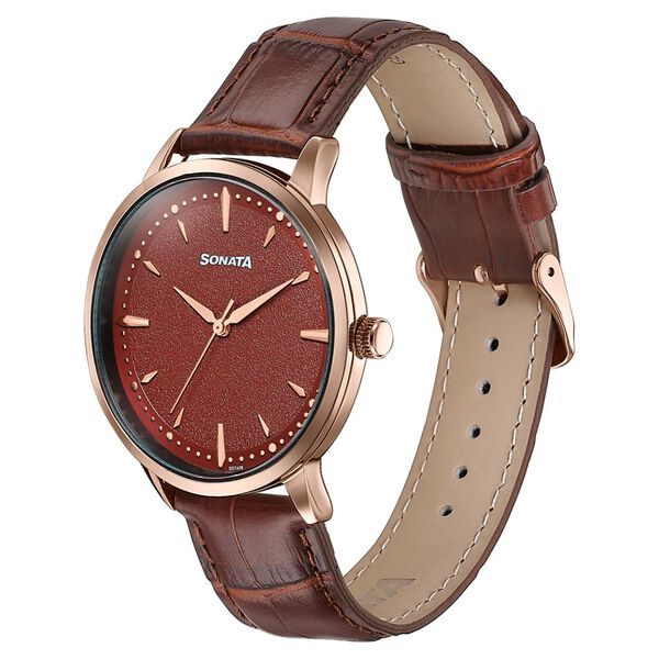 Sonata Jashn Quartz Analog Red Dial Brown Leather Strap Watch For Men - image number 2