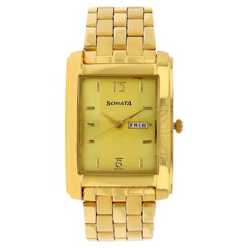 Sonata Quartz Analog with Day and Date Champagne Dial Stainless Steel Strap Watch for Men