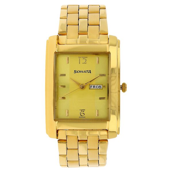 Sonata Quartz Analog with Day and Date Champagne Dial Stainless Steel Strap Watch for Men - image number 0