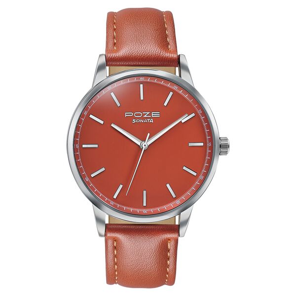 Poze By Sonata Quartz Analog Orange Dial Orange Leather Strap Watch For Men - image number 1