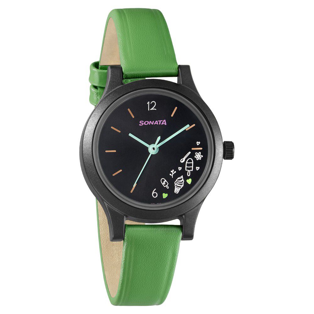 Buy Online Sonata Play Black Dial Women Watch With Leather Strap 87030pl08w Sonata