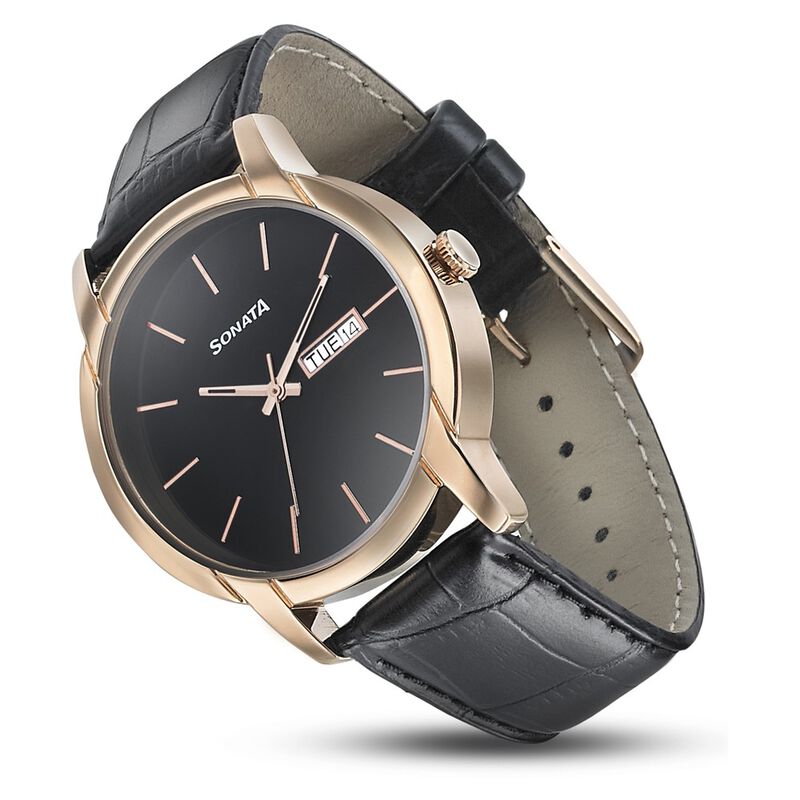 Sonata Beyond Gold Quartz Analog with Day and Date Black Dial Leather Strap Watch for Men - image number 4
