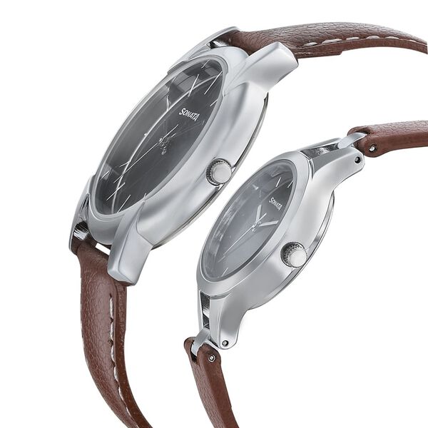Sonata Quartz Analog Black Dial Leather Strap Watch for Couple - image number 2
