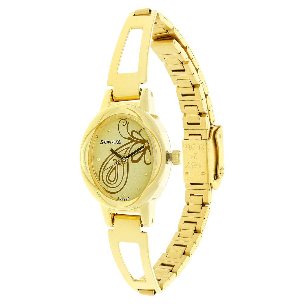 Buy Online Sonata Quartz Analog Champagne Dial Stainless Steel Strap Watch for Women ns8085ym01 Sonata