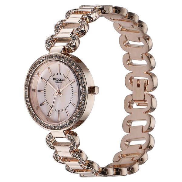 Sonata Poze Quartz Analog Pink Dial Rose Gold Color Metal Strap Watch For Women - image number 3