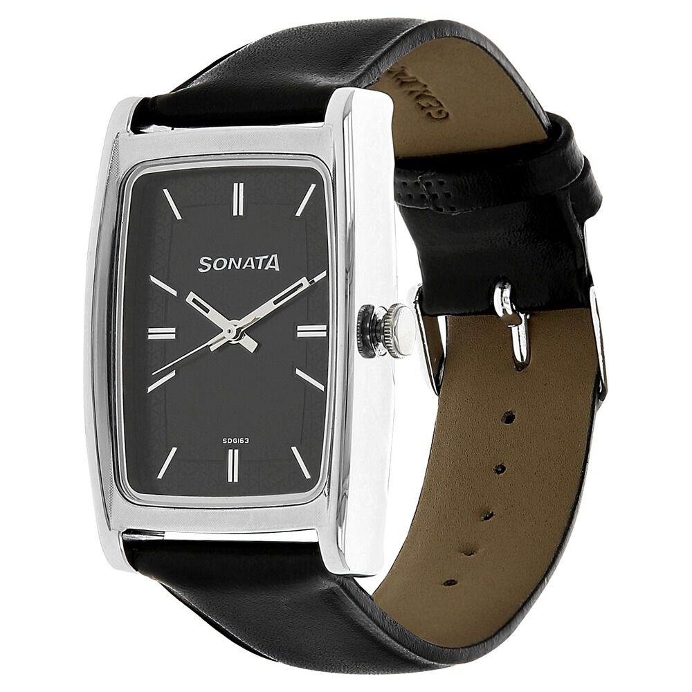 Buy Online Sonata Quartz Analog Black Dial Leather Strap Watch for
