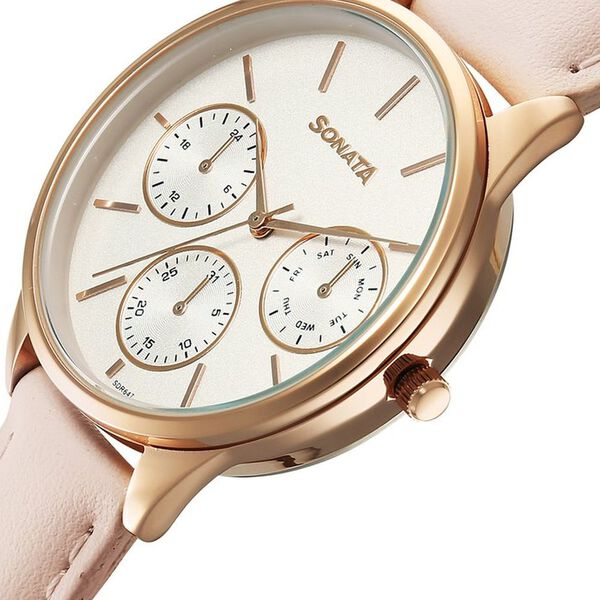 Sonata Eternia Quartz Multifunction Silver Dial Leather Strap Watch For Women - image number 3