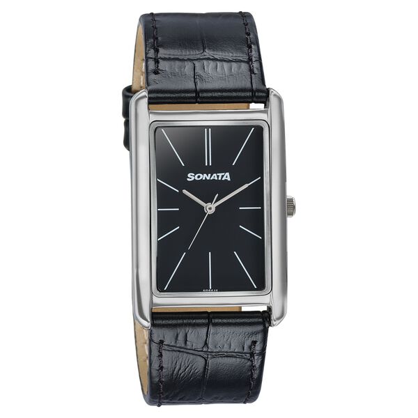 Sonata Ascent Black Rectangular Watch with Black Leather - image number 1