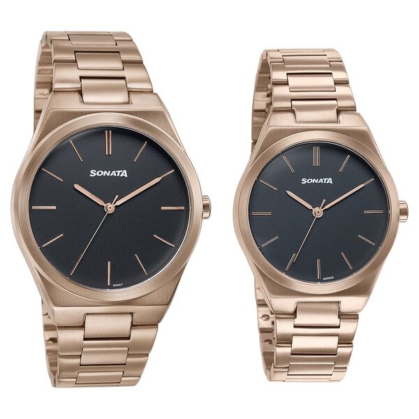 Sonata Wedding Edit Quartz Analog Black Dial Stainless Steel Strap Watch For Pair - image number 2