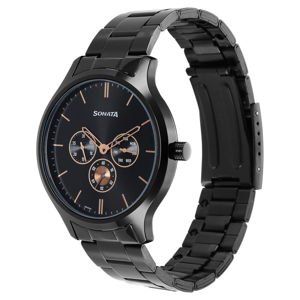 Sonata Quartz Multifunction Black Dial Stainless Steel Strap Watch