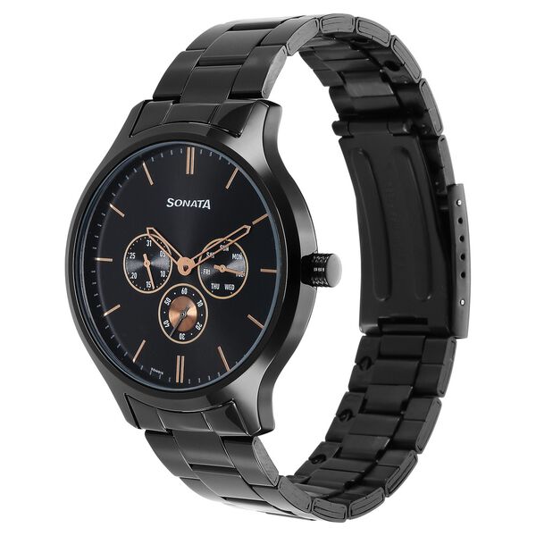 Sonata Quartz Multifunction Black Dial Stainless Steel Strap Watch for Men - image number 1