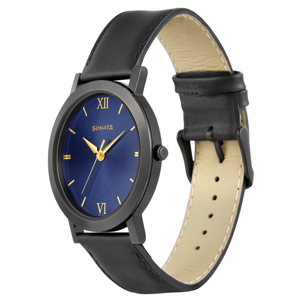 Buy Online Sonata Quartz Analog Blue Dial Leather Strap Watch for
