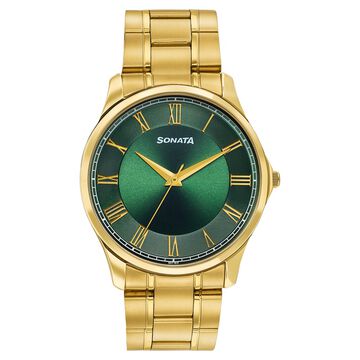Sonata Traditional Essentials Green Dial Gold-Tone Stainless Steel Strap Watch