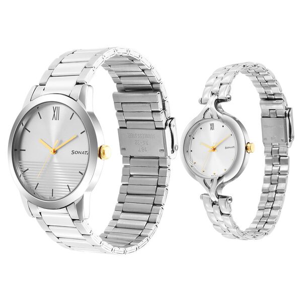 Sonata Quartz Analog Silver Dial Stainless Steel Strap Watch for Couple - image number 1