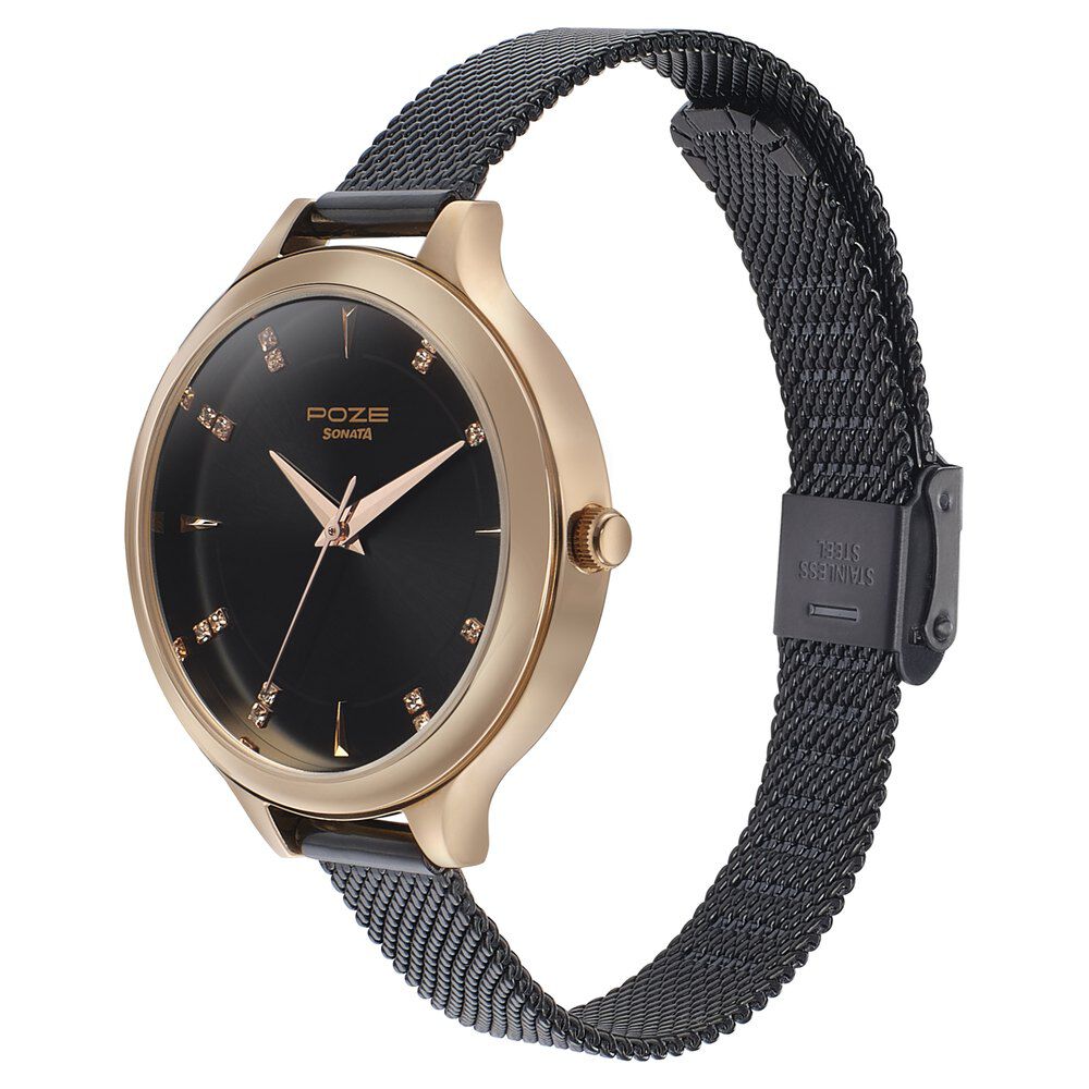 Buy Online Sonata Poze Quartz Analog Black Dial Metal Strap Watch