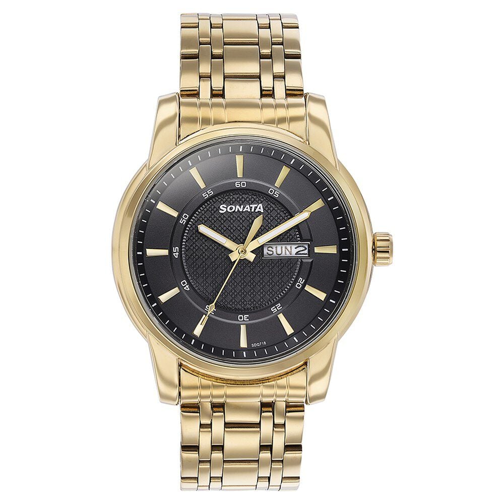 Buy Online Sonata Quartz Analog with Day and Date Black Dial Golden Stainless Steel Strap Watch For Men 77141ym01 p Sonata