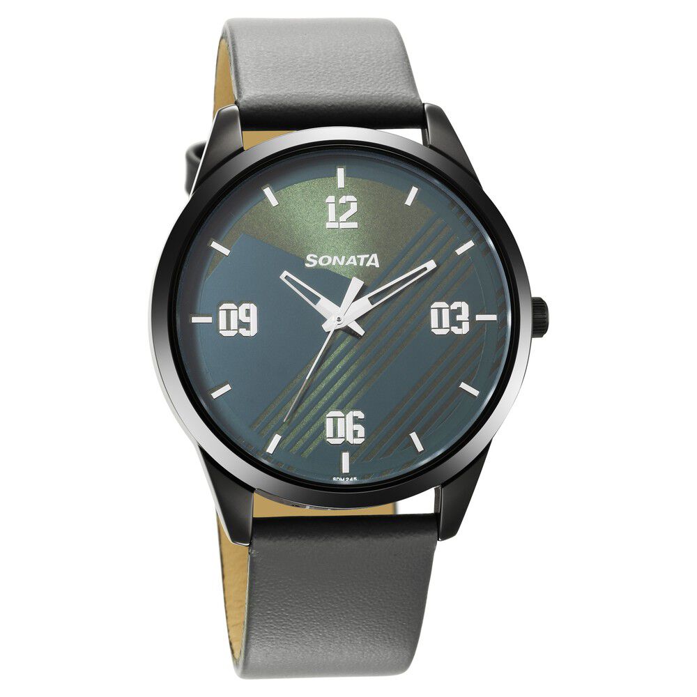 Buy Online Sonata Force Quartz Analog Green Dial Leather Strap Watch for Men nr7146nl03 Sonata