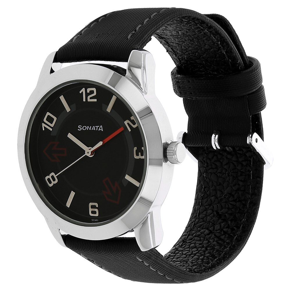 Sonata Quartz Analog Black Dial Leather Strap Watch for Men