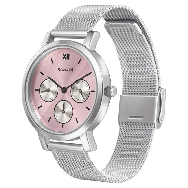 Sonata Multifunctions Pink Dial Women Watch With Metal Strap - image number 2