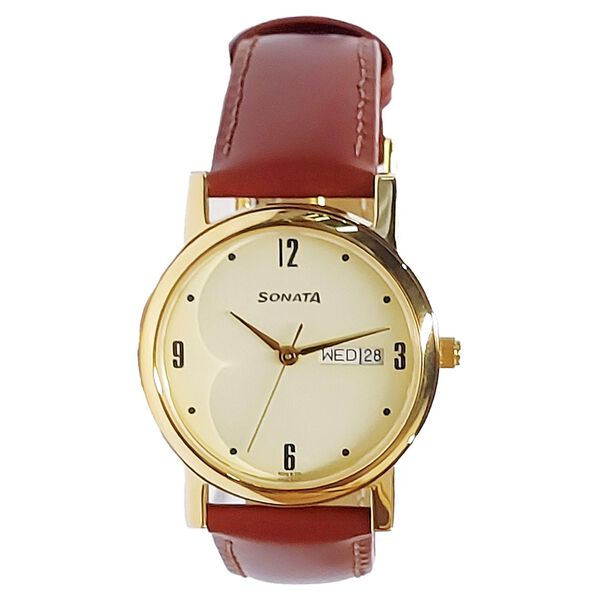 Sonata Quartz Analog with Day and Date Champagne Dial With Brown Color Leather Strap Watch For Men - image number 0