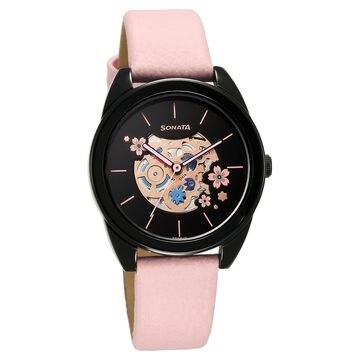 Sonata Unveil Quartz Multifunction Black Dial Leather Strap Watch for Women