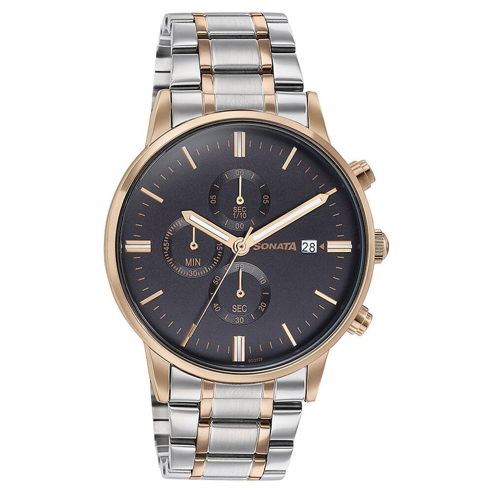Buy Online Sonata Quartz Multifunction Black Dial Two Toned Stainless Steel Strap Watch For Men 77145km01 Sonata