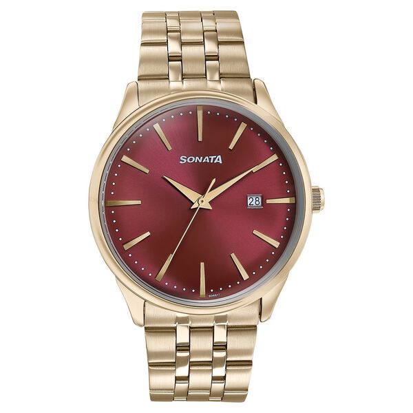 Sonata Wedding Edit Quartz Analog with Date Red Dial Stainless Steel Strap Watch For Men - image number 1