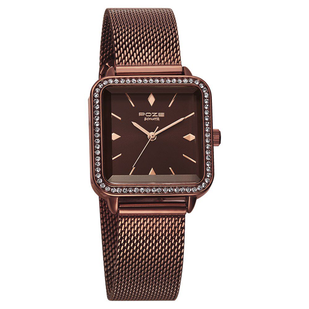 Buy Online Poze by Sonata Quartz Analog Brown Dial Stainless Steel Strap Watch for Women sp80030qm01w Sonata