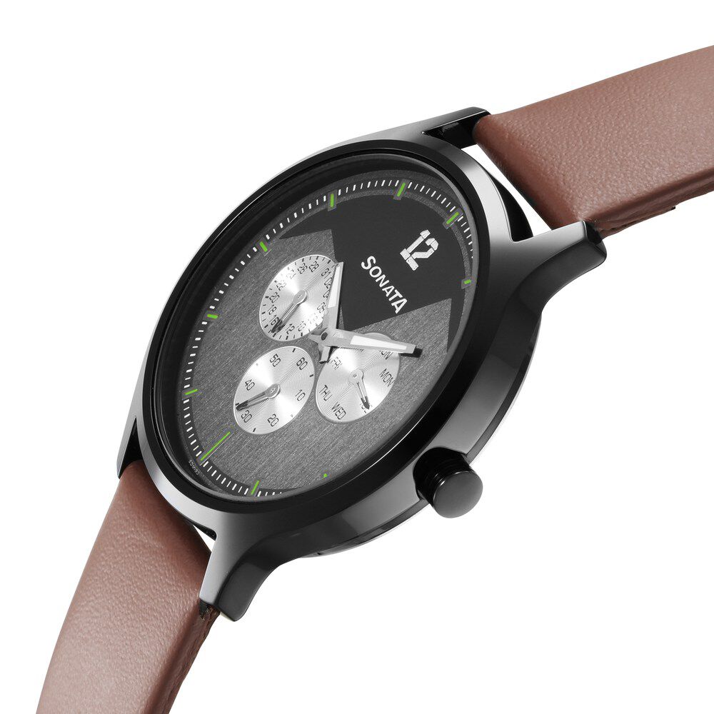Buy Online Sonata Force Quartz Multifunction Grey Dial Leather Strap Watch for Men nr7140nl02 Sonata