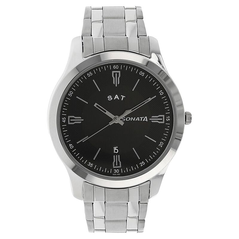 Sonata Quartz Analog with Day and Date Black Dial Stainless Steel Strap Watch for Men - image number 0