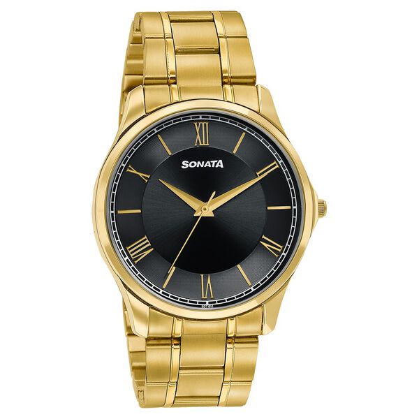 Sonata Traditional Essentials Black Dial Gold-Tone Stainless Steel Strap Watch - image number 1