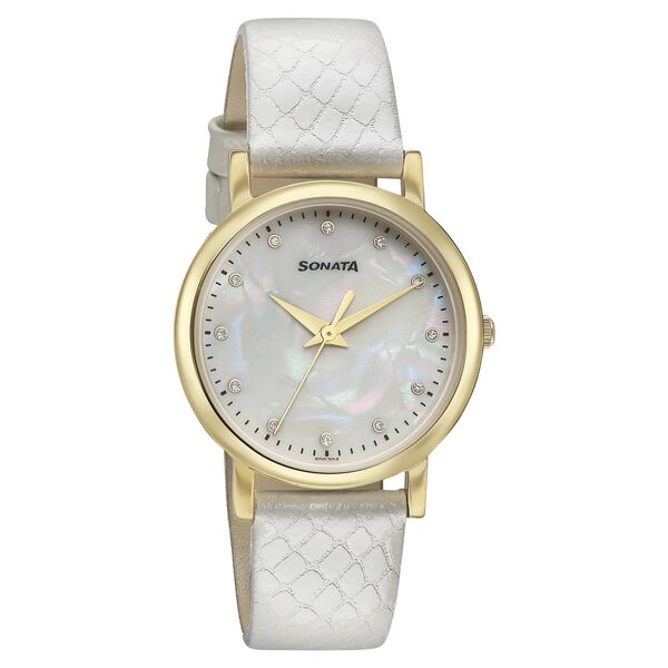 Sonata Glam Gold Quartz Analog Off White Dial Leather Strap Watch For Women - image number 1