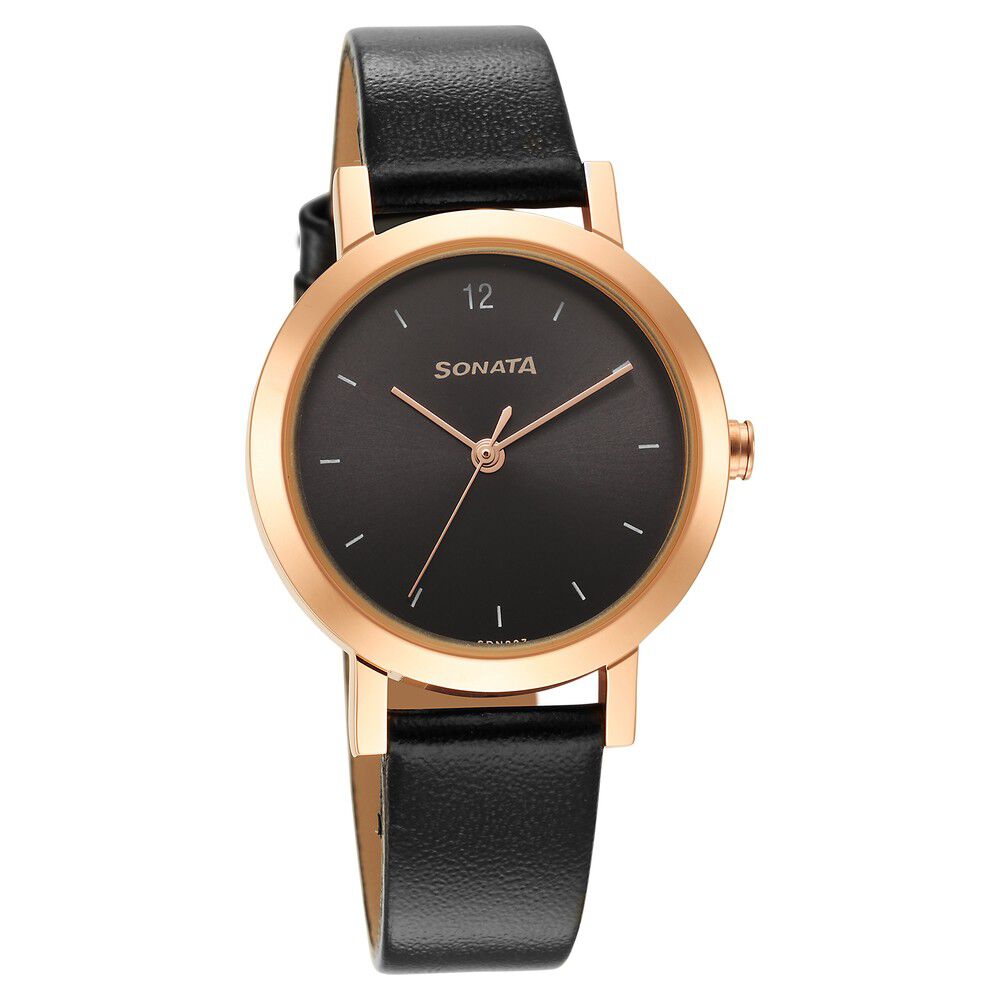 Buy Online Sonata Ladies Essentials Black Dial Leather Strap Watch for Women 8174wl01 Sonata