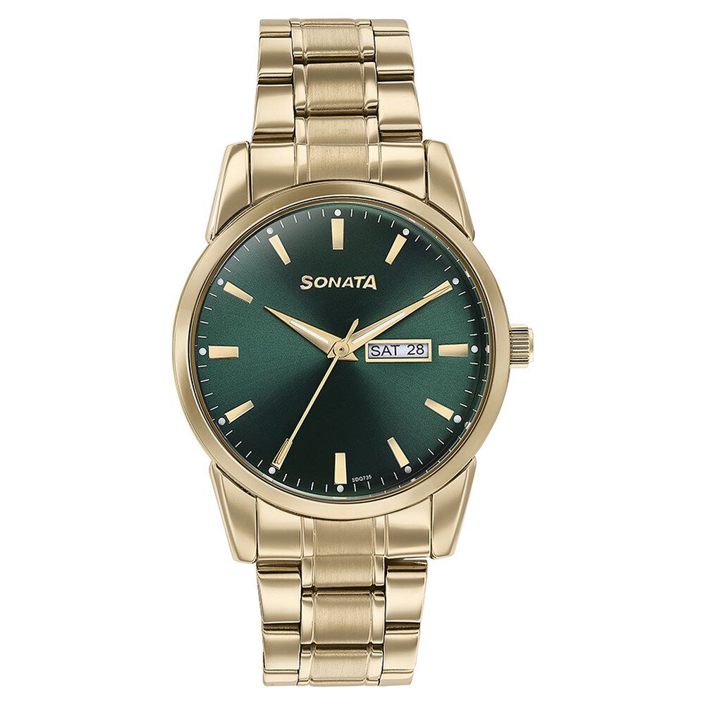 Buy Online Sonata Quartz Analog with Day and Date Green Dial Golden Stainless Steel Strap Watch For Men 77147ym02 Sonata