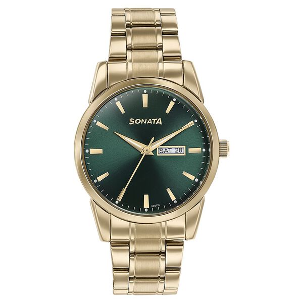 Sonata Quartz Analog with Day and Date Green Dial Golden Stainless Steel Strap Watch For Men - image number 1