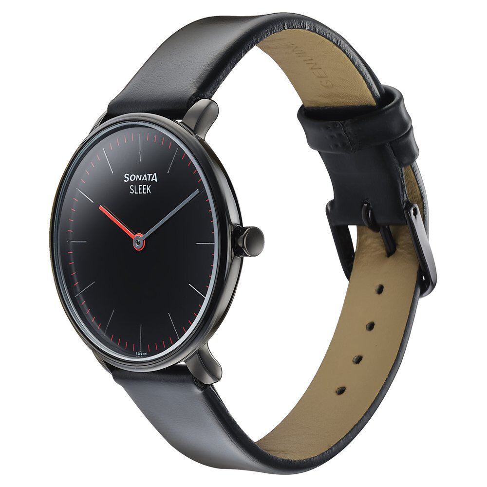 Buy Online Sonata Sleek Quartz Analog Black Dial Black Leather