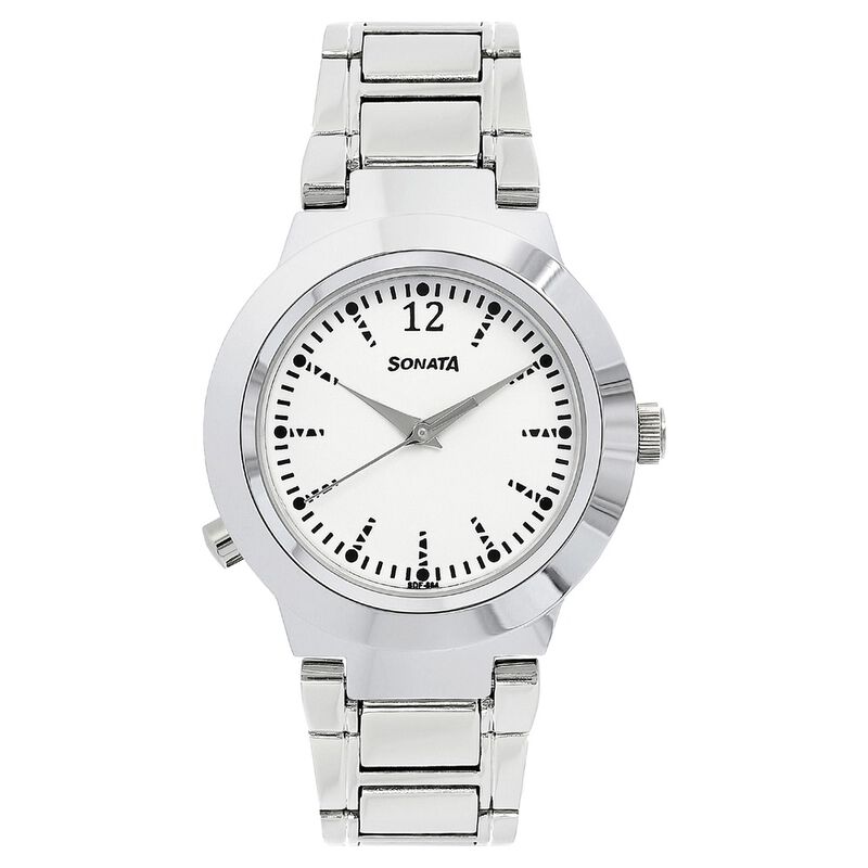 Sonata Act Safety Watch White Dial Women Watch With Stainless Steel Strap