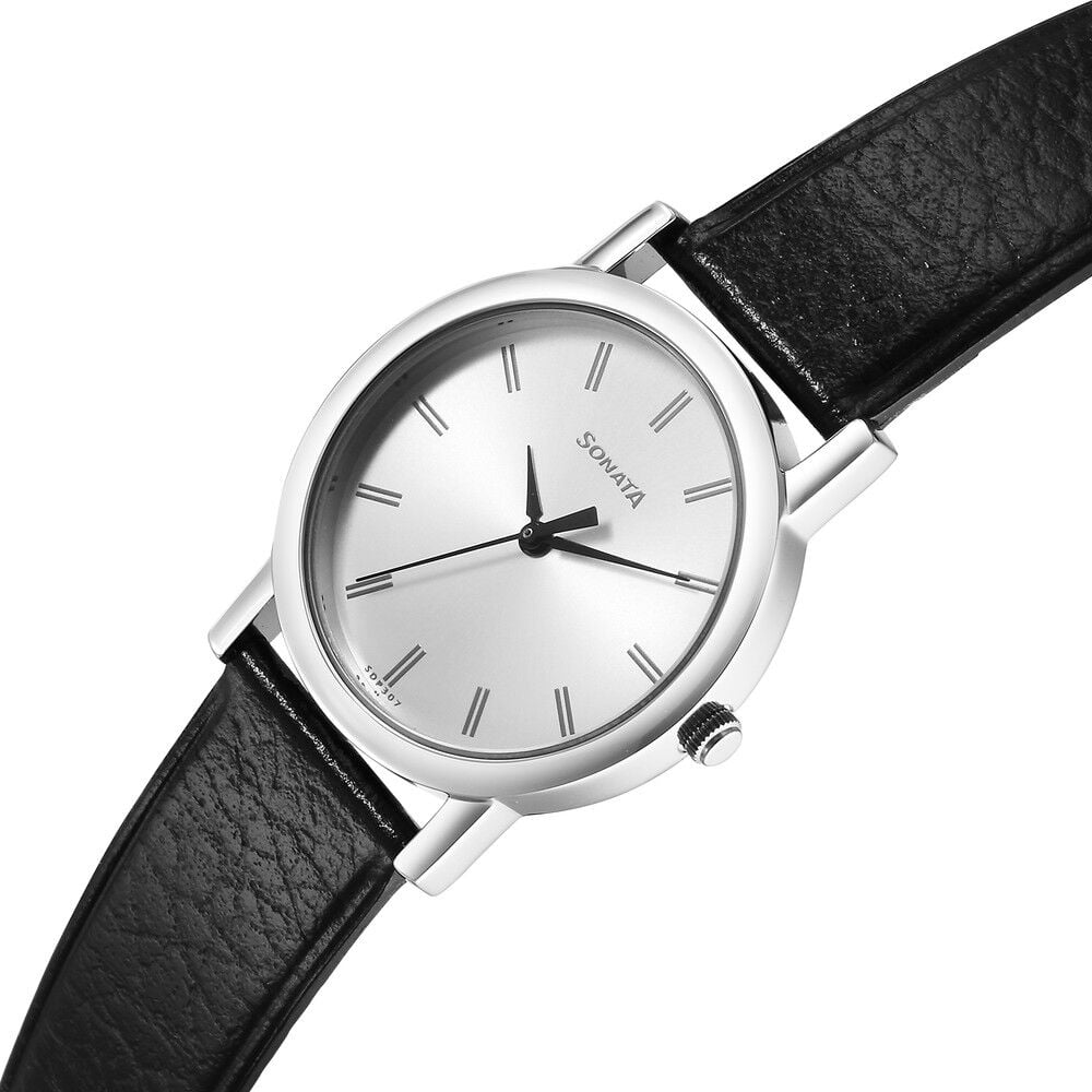 Buy Online Sonata Classic Quartz Analog Silver Dial Black Leather Strap Watch for Men ns7987sl06w Sonata