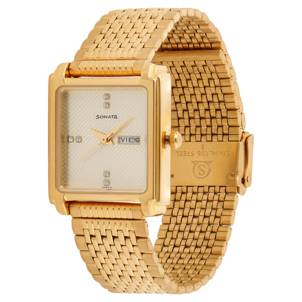Sonata Quartz Analog with Day and Date Champagne Dial Stainless Steel Strap Watch for Men - image number 1