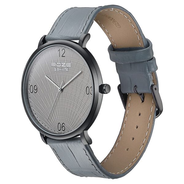 Sonata Poze Quartz Analog Grey Dial Leather Strap Watch For Men - image number 3