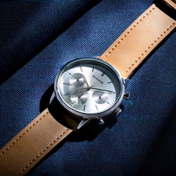 Sonata Quartz Multifunction Silver Dial Brown Leather Strap Watch For Men - image number 0