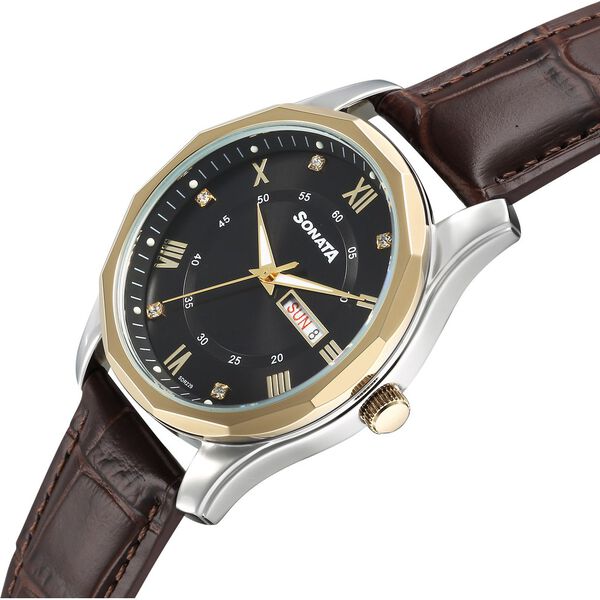 Sonata Wedding Quartz Analog Black Dial Leather Strap Watch For Men - image number 1