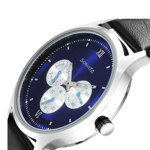 Sonata Force Quartz Multifunction Blue Dial Leather Strap Watch for Men - image number 4