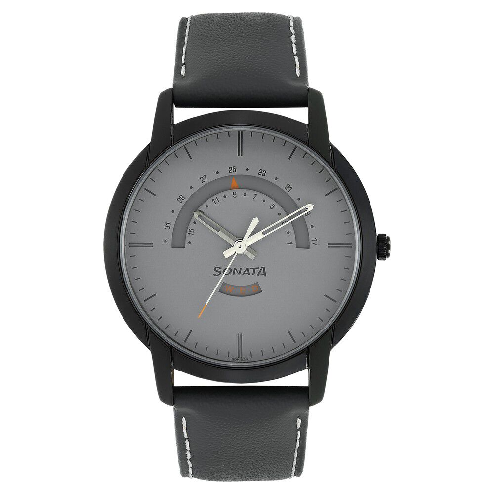 Buy Online Sonata Quartz Analog with Day and Date Grey Dial Leather Strap Watch for Men np77031nl02 Sonata