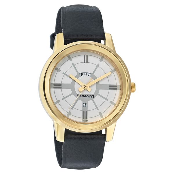 Sonata Quartz Analog with Day and Date Silver Dial Leather Strap Watch for Men - image number 0