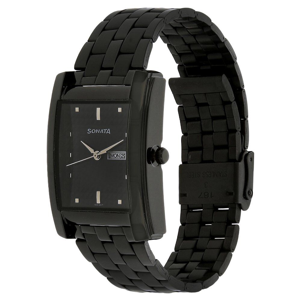 Buy Online Sonata Quartz Analog with Day and Date Black Dial Stainless Steel Strap Watch for Men ns7953nm02w Sonata