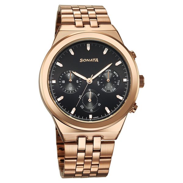 Sonata Eternia Quartz Multifunction Black Dial Metal Strap Watch For Men - image number 0